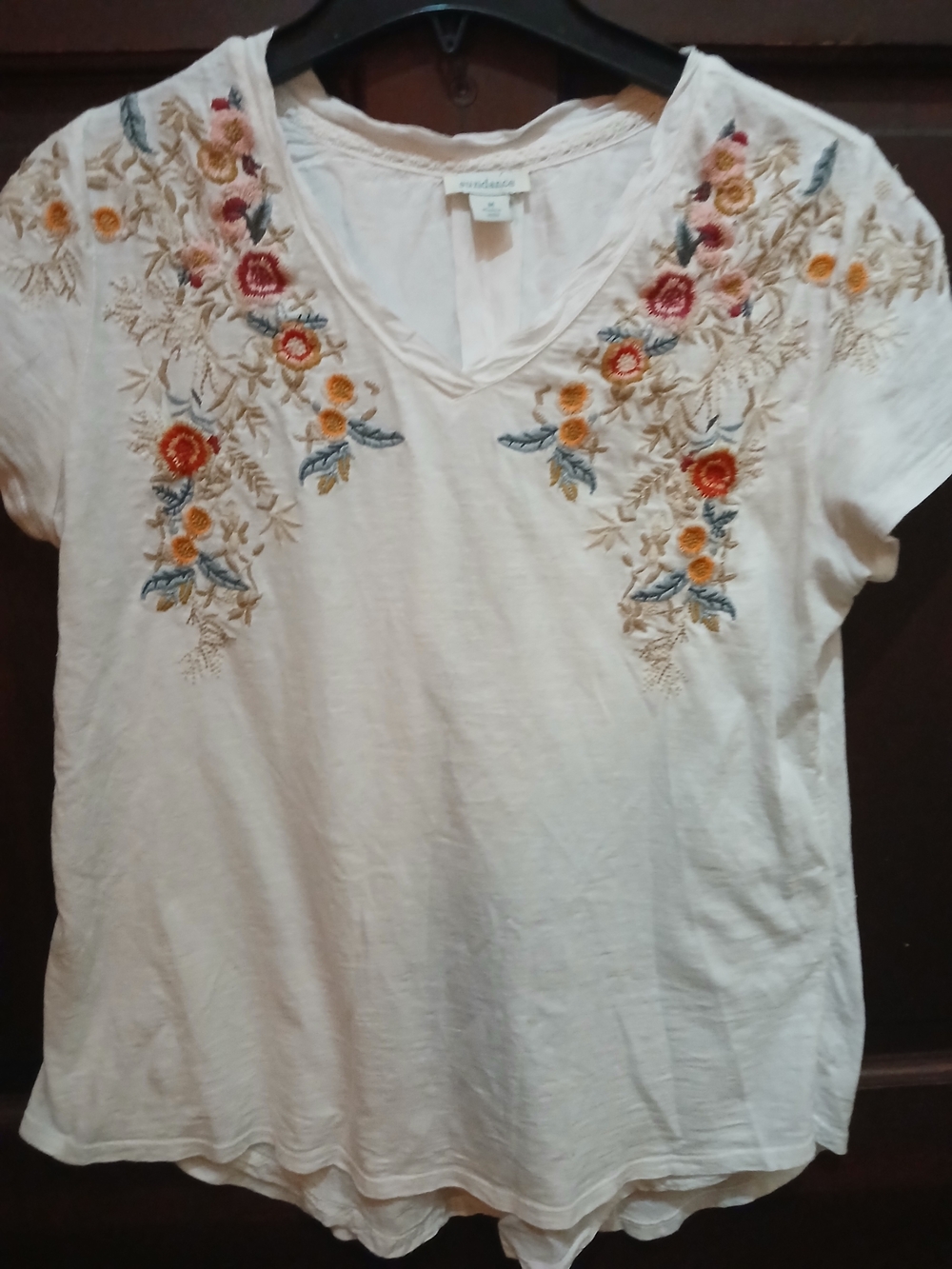 Sundance White V-Neck Short Sleeve Top with Multicolor Floral Embroidery Size M
